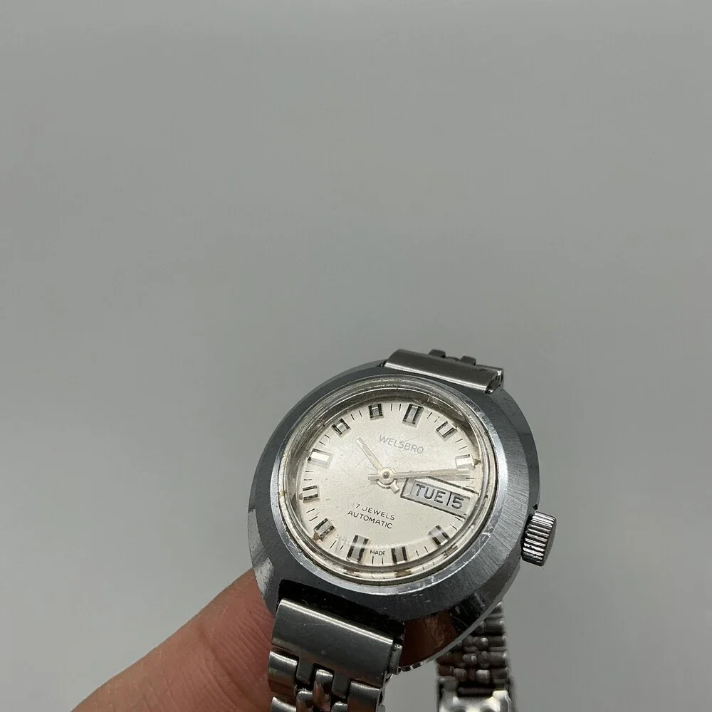 Vintage Welsbro Womens Watch 26mm Silver Tone Swiss Stainless Day Date Automatic